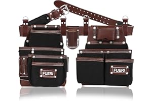 FUERI Tool Belt Men Heavy Duty Nylon Leather Tools Belts Carpenter Bags Electrician Pouches Organizer for Construction Framing (Black & Brown, 30 to 52 Inches Waist)