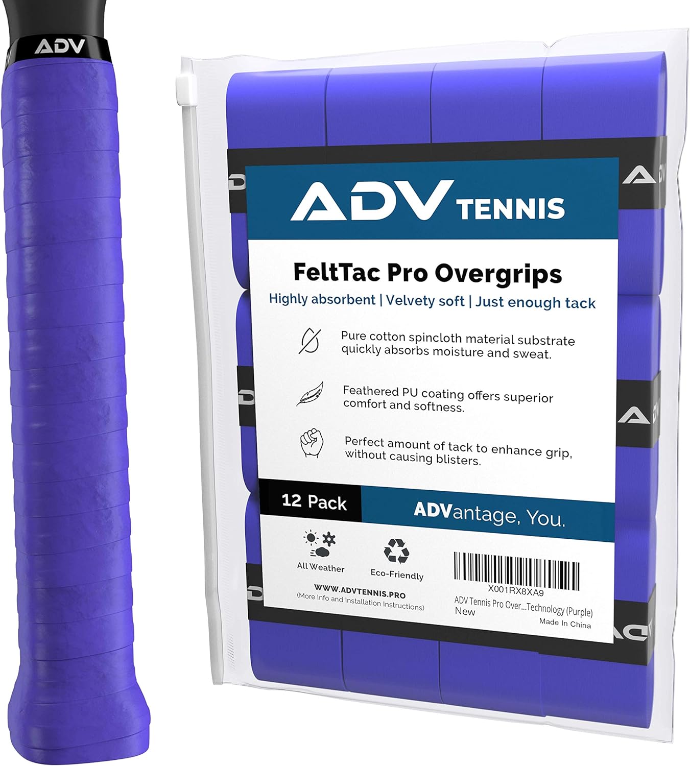 ADV Tennis Dry Overgrip - 12 or 30 Pack - Ultra Absorbent Grip Tape with Exclusive FeltTac Material for High Velvety Comfort - Pro Tested & Designed : Sports & Outdoors