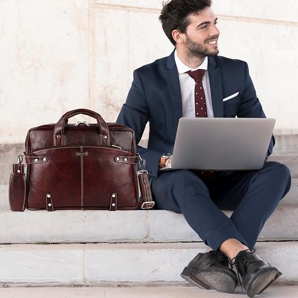 WILDWOODNEST MEN’S BROWN LEATHER LAPTOP BAG – CROSSBODY & HANDHELD OFFICE BRIEFCASE WITH ADJUSTABLE STRAP