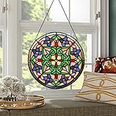 Handcrafted Stained Glass Window Panel - 12-Inch Round Floral Design with Vibrant Colors, Elegant Decorative Hanging Art for Home Décor, Includes 20-Inch Chain & Hook (Green Flower)