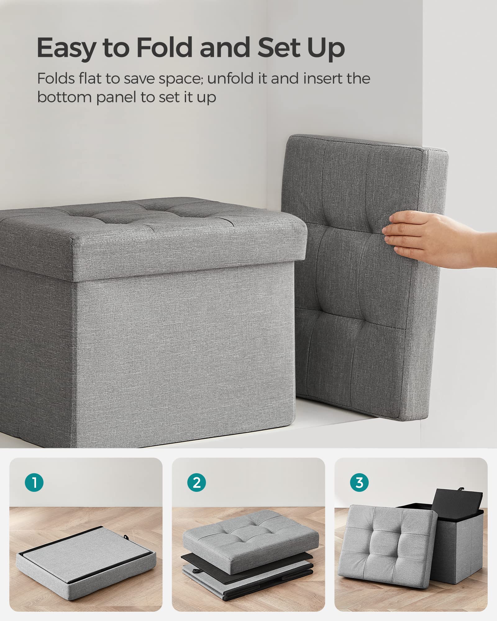 SONGMICS Mazie Collection - Small Folding Storage Ottoman, Foot Rest Stool, 12.2 x 16.1 x 12.2 Inches, 286 lb Load Capacity, for Living Room, Bedroom, Home Office, Dorm, Light Gray ULSF102G02