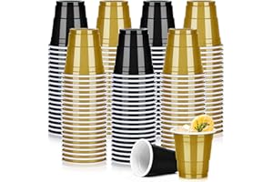 Pineburg 200pack 2oz NewYears Plastic Shot Cups, Black Gold Plastic Shot Glasses, Mini Disposable Cups for Parties Valentine’s Day CarnivalWeddings Party Supplies(Black&Gold)