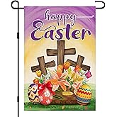 Happy Easter Garden Flag Burlap 12x18 Double Sided, Spring Flower Eggs Christian Sign Small Flag Farmhouse Yard Outdoor Decorations DF685