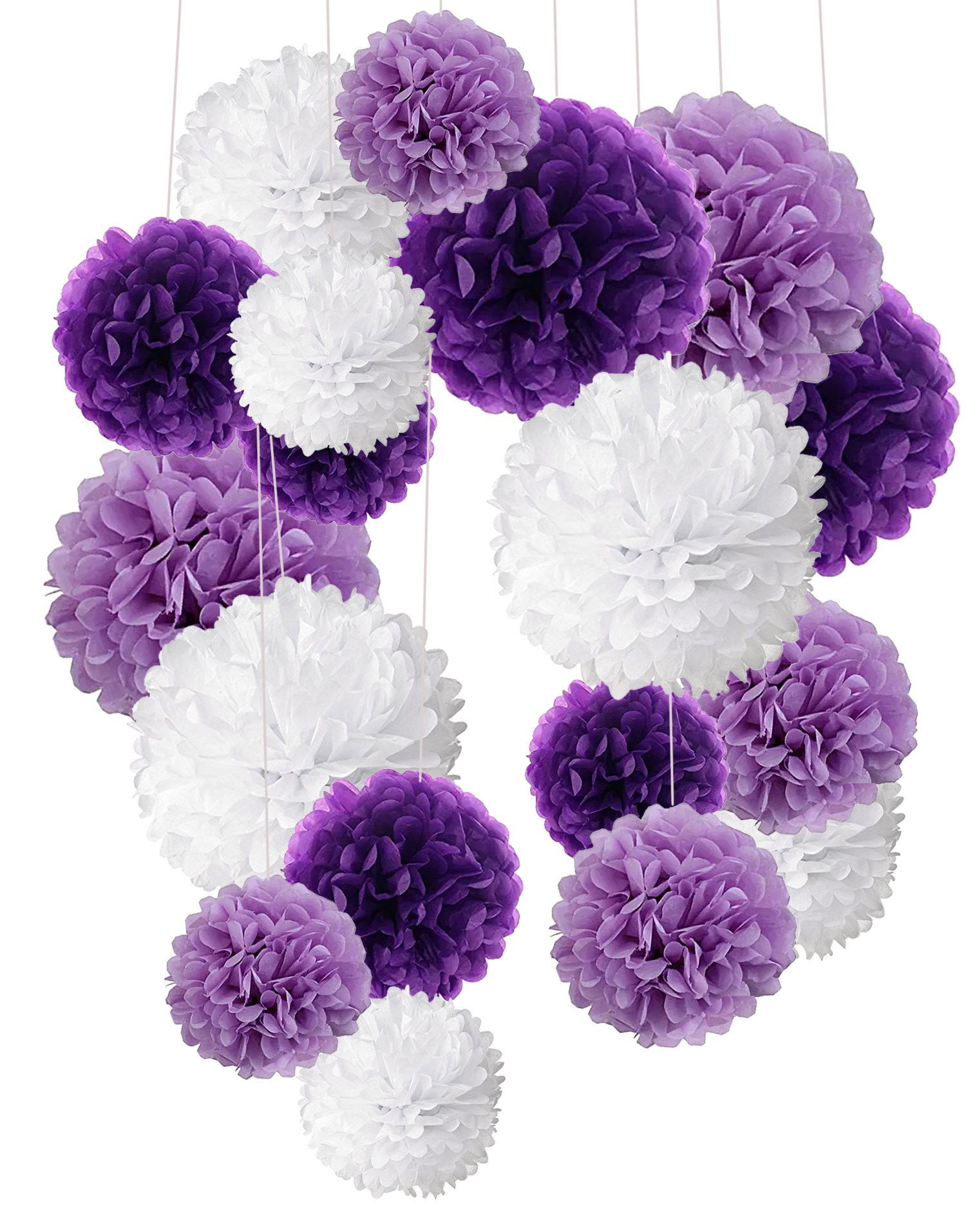 Recosis Tissue Paper Pom Poms, Paper Flower Ball for Birthday Party Wedding Baby Shower Bridal Shower Festival Decorations - Purple, Lavender and White