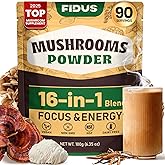 Fidus 16 Mushroom Supplement Powder with 17,300mg, 90 Day Servings Mushroom Coffee Alternative for Immunity, Focus & Energy with Ashwagandha, Lion's Mane, Chaga and Reishi, 100% Fruiting Bodies