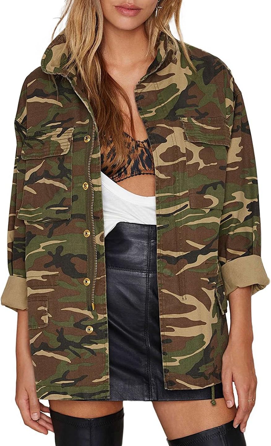 RichluluWomens Lightweight Military Camo Long Sleeve Daily Jacket Coat(Small, Woodland Camo)