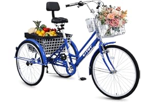 SAHISTCT 26 Inch 3 Wheel Bike for Adult,7 Speed Adult Tricycle, Trike Cruiser Bike with Basket and Adjustable Seat, Carbon Steel Three-Wheeled Bicycle with Coffee Cup for Shopping, Picnic, Outdoor Sports