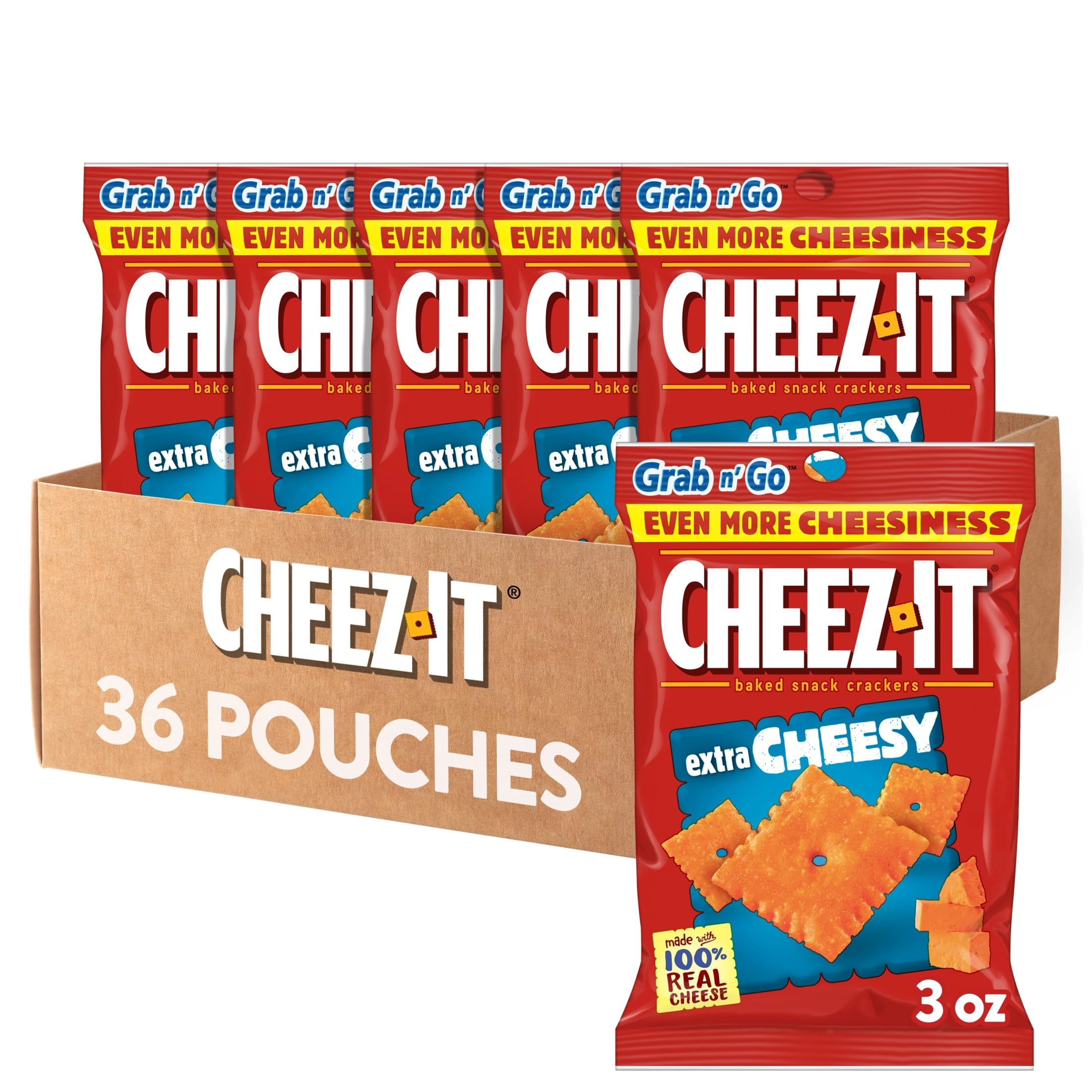 Cheez-It Cheese Crackers, Baked Snack Crackers, Lunch Snacks, Grab n' Go, Extra Cheesy, 6.75lb Case (36 Pouches) Image