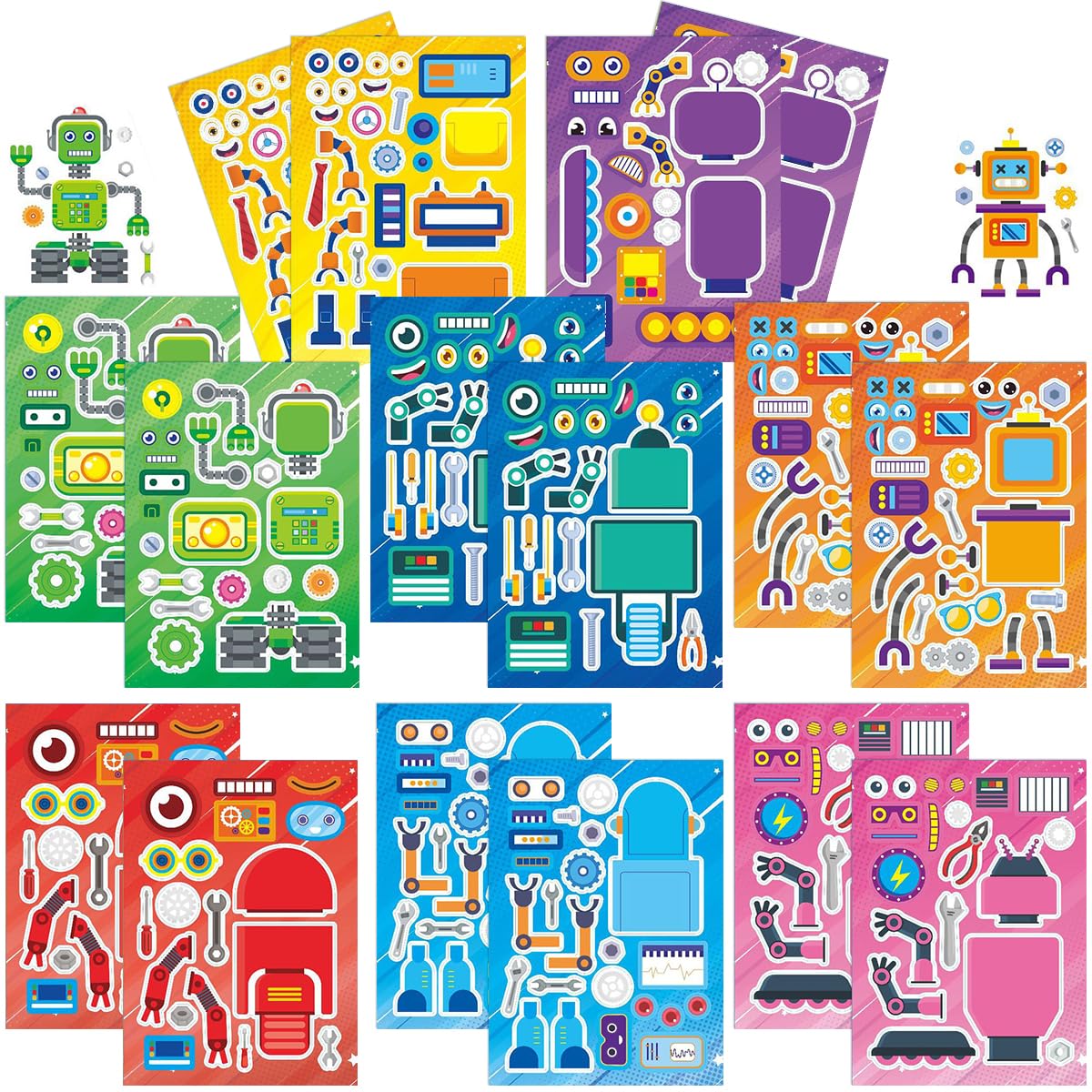 Uqingo 16 Sheets Make Your Own Robot Stickers, Cartoon Robot Puzzle DIY Make a Face Stickers for Kids Boys and Girls, Waterproof Vinyl Sticker Birthday Fun Party Favor Supplies Gifts Crafts