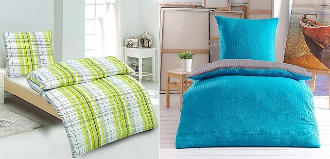 optidream SUPERTOLL 4-TLG Seersucker Bettwäsche Uni Stahlgrau/Petrol 100% Baumwolle, 2X 135x200 Bettbezug + 2X 80x80 Kissenbe