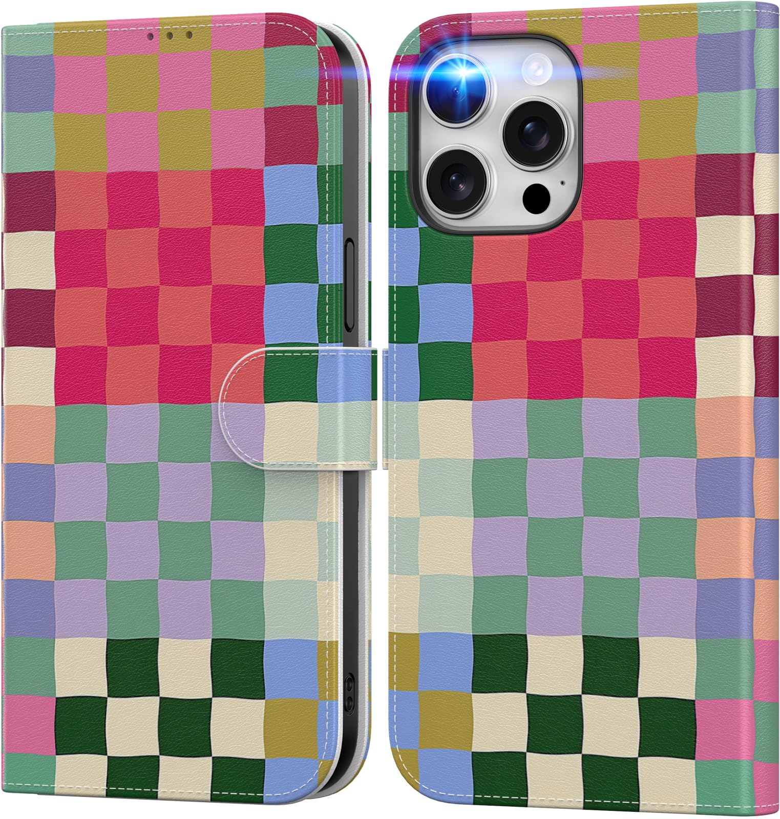 DEENAKIN for iPhone 15 Pro Max Wallet Case with Card Holder + Cash Clip, RFID-Blocking, Military-Grade Protection & UV-Printed Artwork, Magnetic Closure with Leather Stand - Patchwork Checkerboard