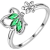 Aurora Tears Butterfly Birthstone Opening Ring - Women 925 Sterling Silver Butterflies Birthstone Opening Adjustable Ring Birthday Gift for Women