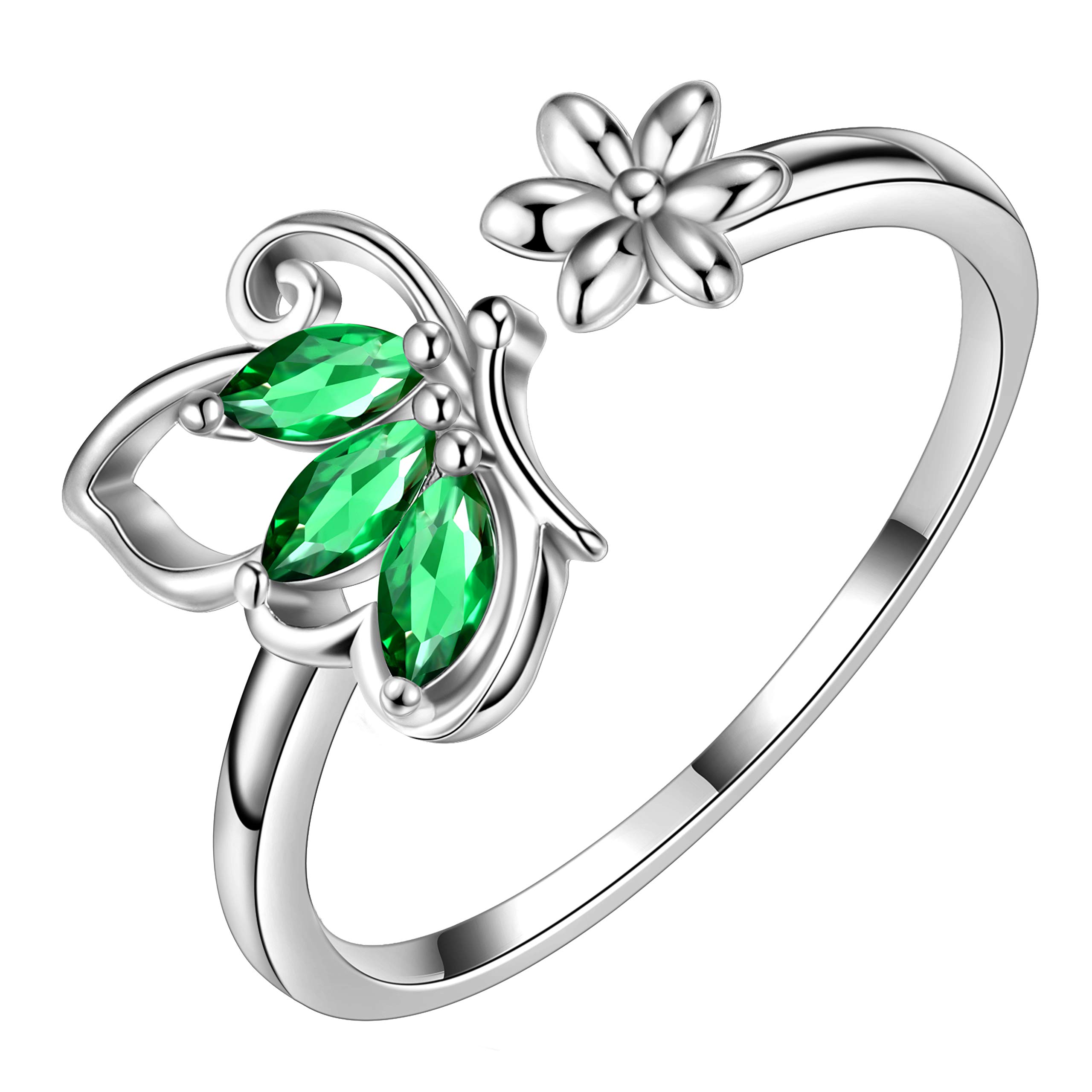 Aurora Tears Butterfly Adjustable Rings 925 Sterling Sliver May Birthstone Green Emerald Opening Ring Animals Jewelry Gift for Women and Girls DP0077G