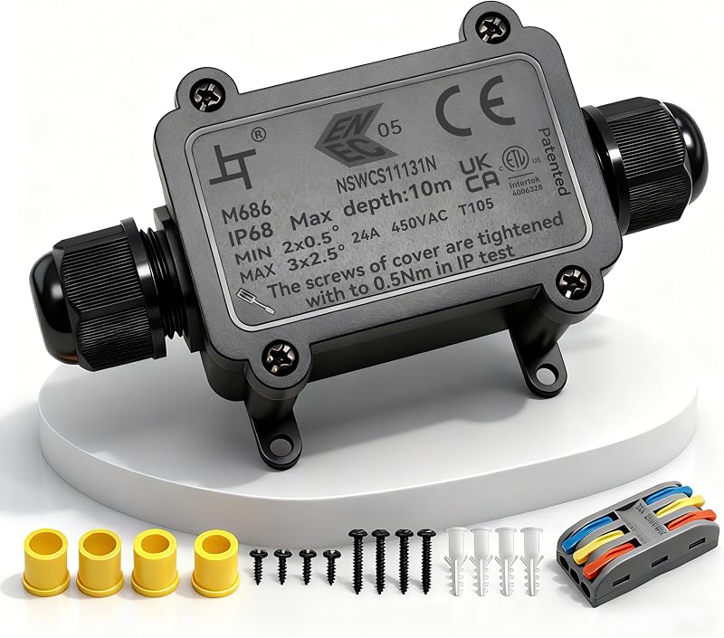 HUYU IP68 Waterproof Junction Box 2-Way 3-In 3-Out M20 Cable Gland