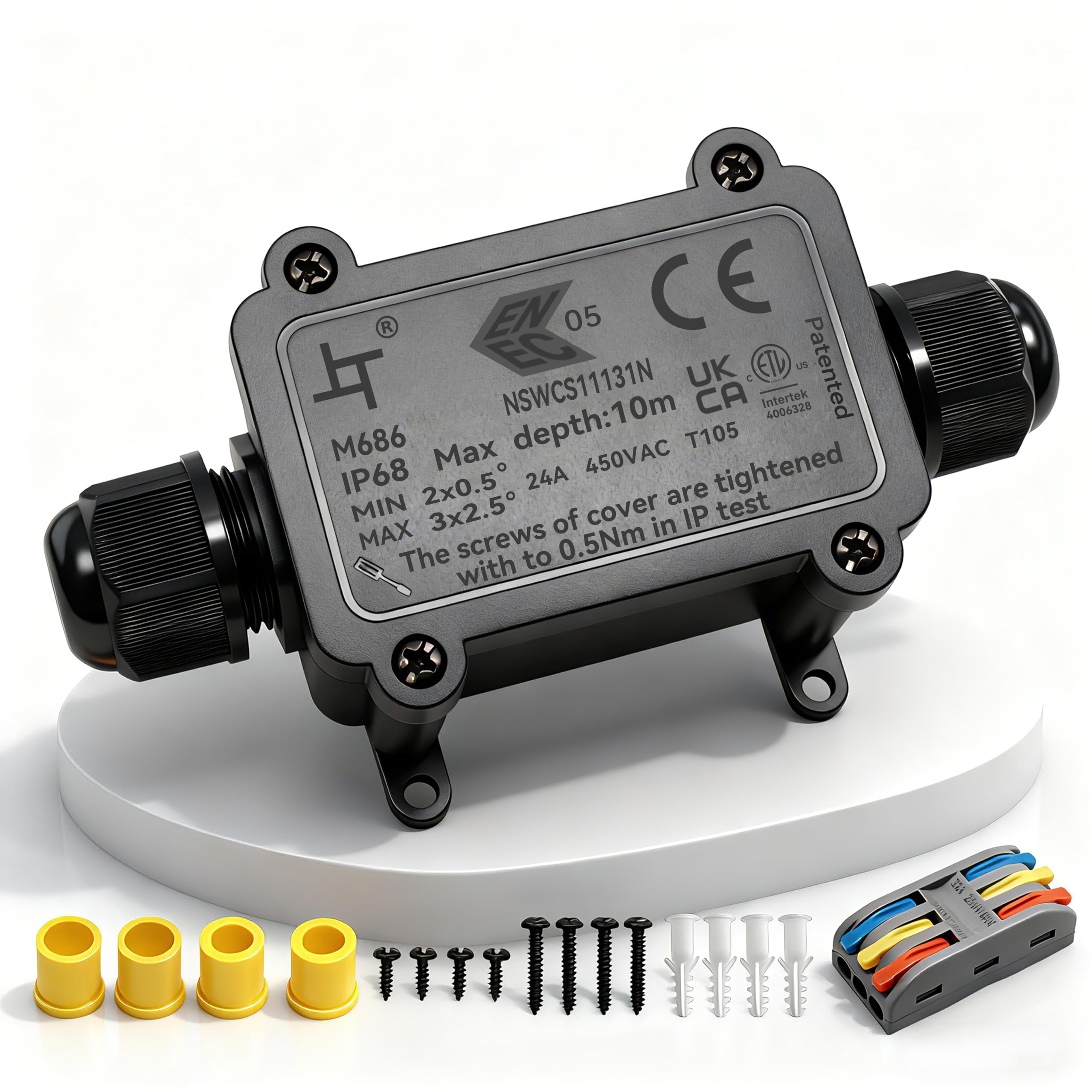 HUYU IP68 Waterproof Junction Box, 2-Way Outdoor Cable Connectors with 2 Cable Gland M20 Wire Connector Electrical Junction Box for 5-12MM Diameter Cable, 3-IN/ 3-OUT Quick Terminal, Black