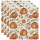 JarThenaAMCS 4Pcs Fall Swedish Kitchen Dishcloth Autumn Floral Pumpkin Cotton Kitchen Towel Boho Flower Pumpkin Dish Towel for Housewarming Thanksgiving Farmhouse, 7 x 8 Inch