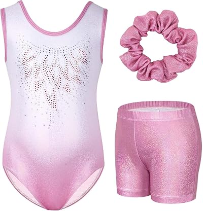 Gogokids Girls Three-Piece Gymnastics Set Leotard Shorts Hair Band Gradient