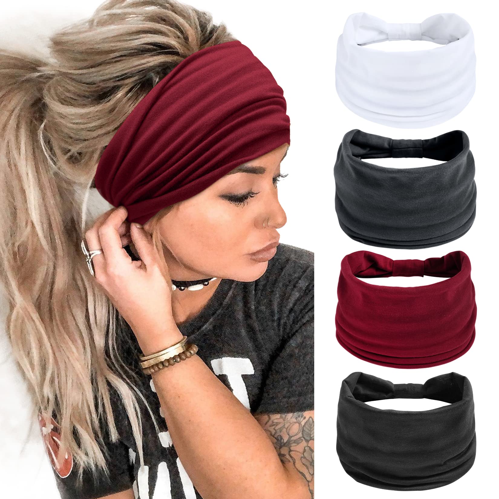 4 Packs Headbands Women Wide Hair Band for Girls Elastic Running Yoga Head Wraps
