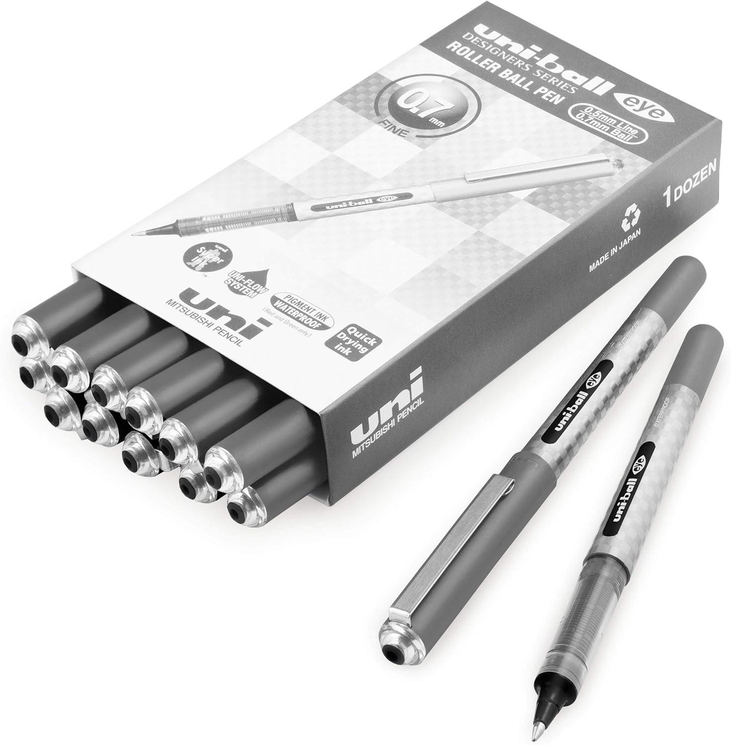 Uni-Ball Eye UB-157D Designer Liquid Ink Rollerball Pen - 0.7mm Nib - Black - Pack of 12 + 2, 1 count (Pack of 14)