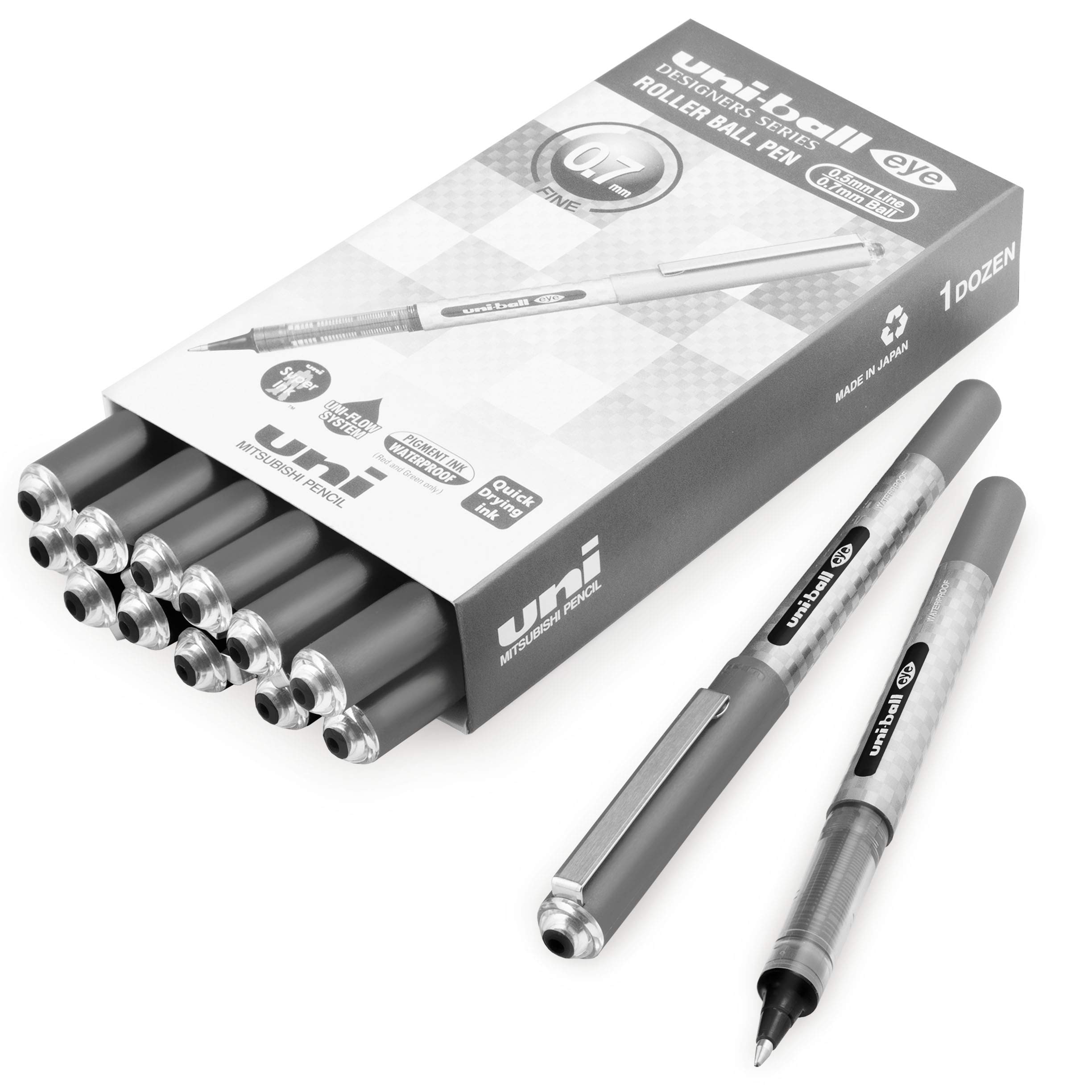 Uni-Ball Eye UB-157D Designer Liquid Ink Rollerball Pen – 0.7mm Nib – Black - Pack of 12 + 2