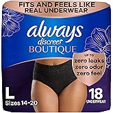 Always Discreet Boutique Incontinence and Postpartum Underwear for Women, Maximum Protection, Large, Black, 18 Count