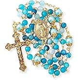 Nazareth Store Catholic Rosary Necklace Matte Stone Beads Green Pearl Round Beads Miraculous Medal & Cross - Velvet Bag