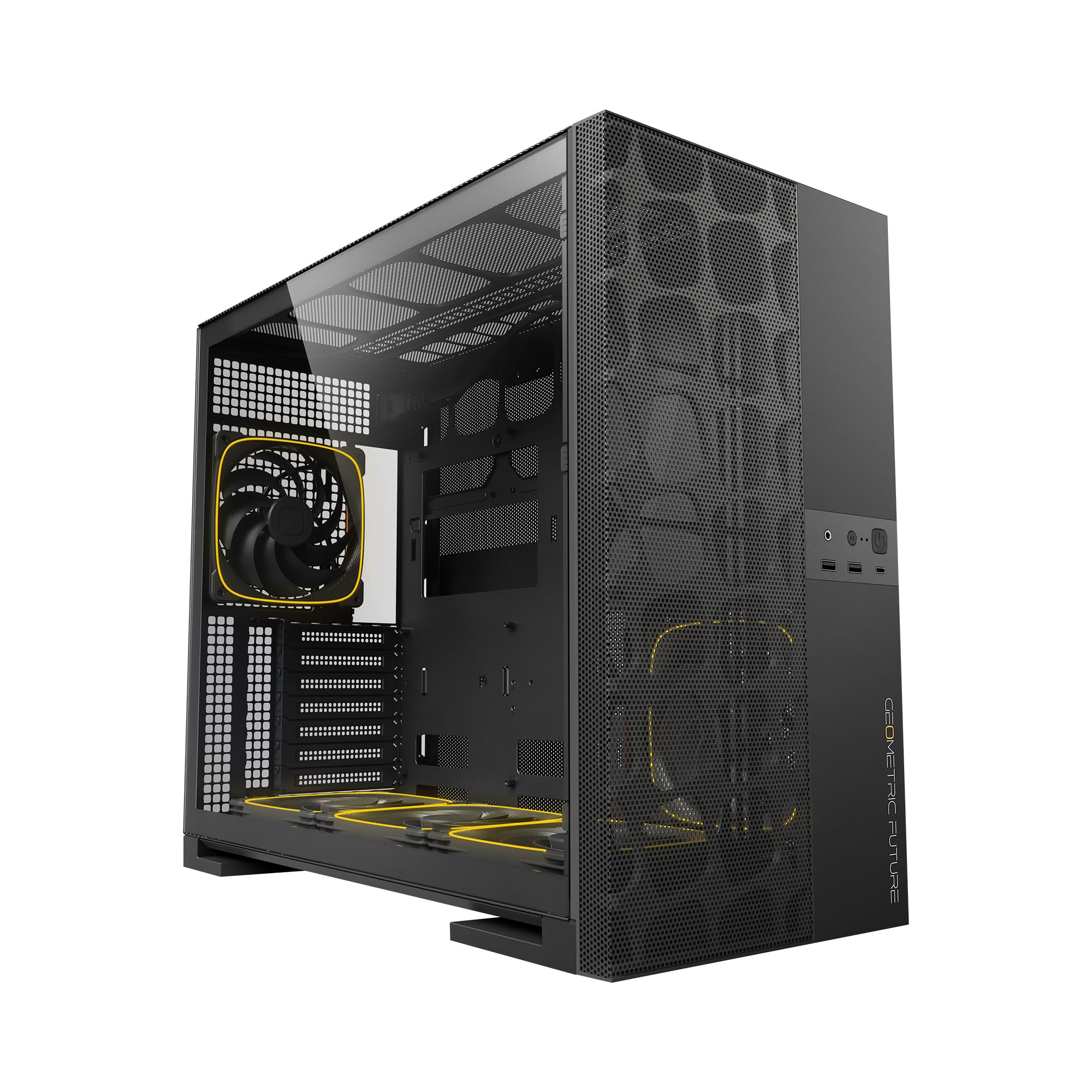 M5 Vent Mesh Panel Tempered Glass Mid Tower, E-ATX/ATX Gaming Case, High Airflow, 1.2mm Steel, Type C, Support 420/360 Radiator, ARGB PWM 140m fan x 5 Pre-Installed, Black, GEO-M5VF-B