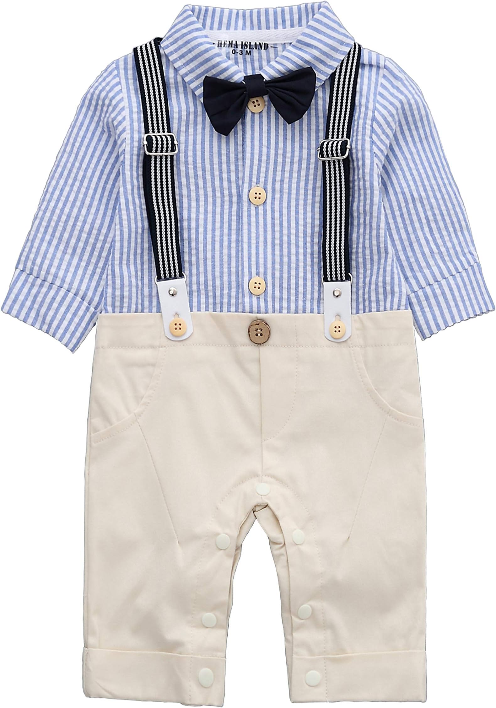 HMD Baby Boy Blue Stripe Long Sleeve Shirt Bowtie Tuxedo Onesie Jumpsuit Romper (Khaki, 3-6 M)