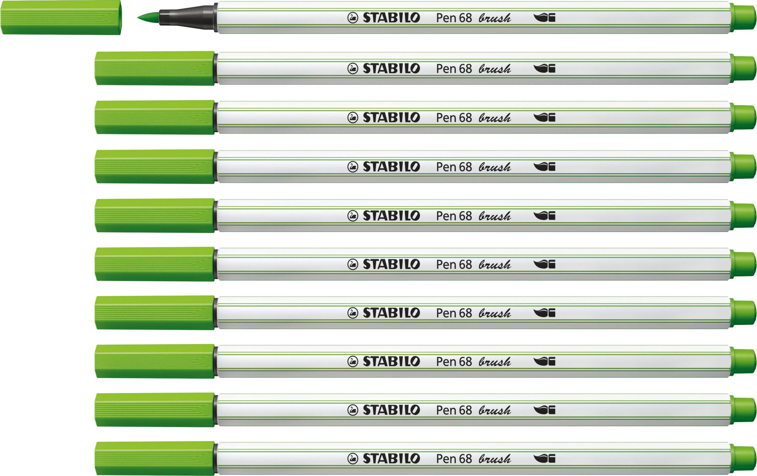 STABILO Pen 68 brush - Premium Fibre-Tip Pen with Brush Tip - Pack of 10 - Leaf Green