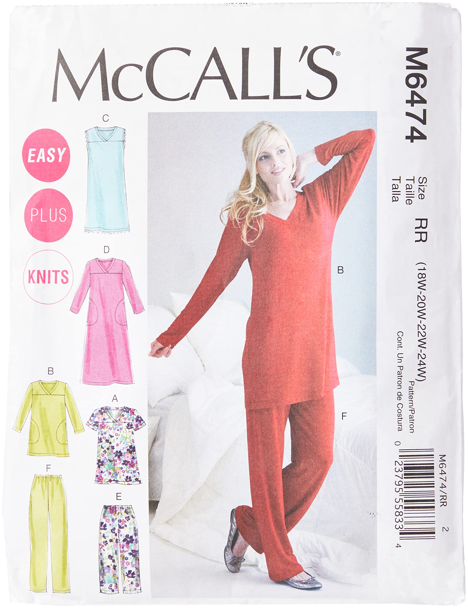 McCall's Patterns M6474 Size RR 18W-20W-22W-24W Misses'/ Women's Top, Tunic, Gowns and Pants, Pack of 1, White