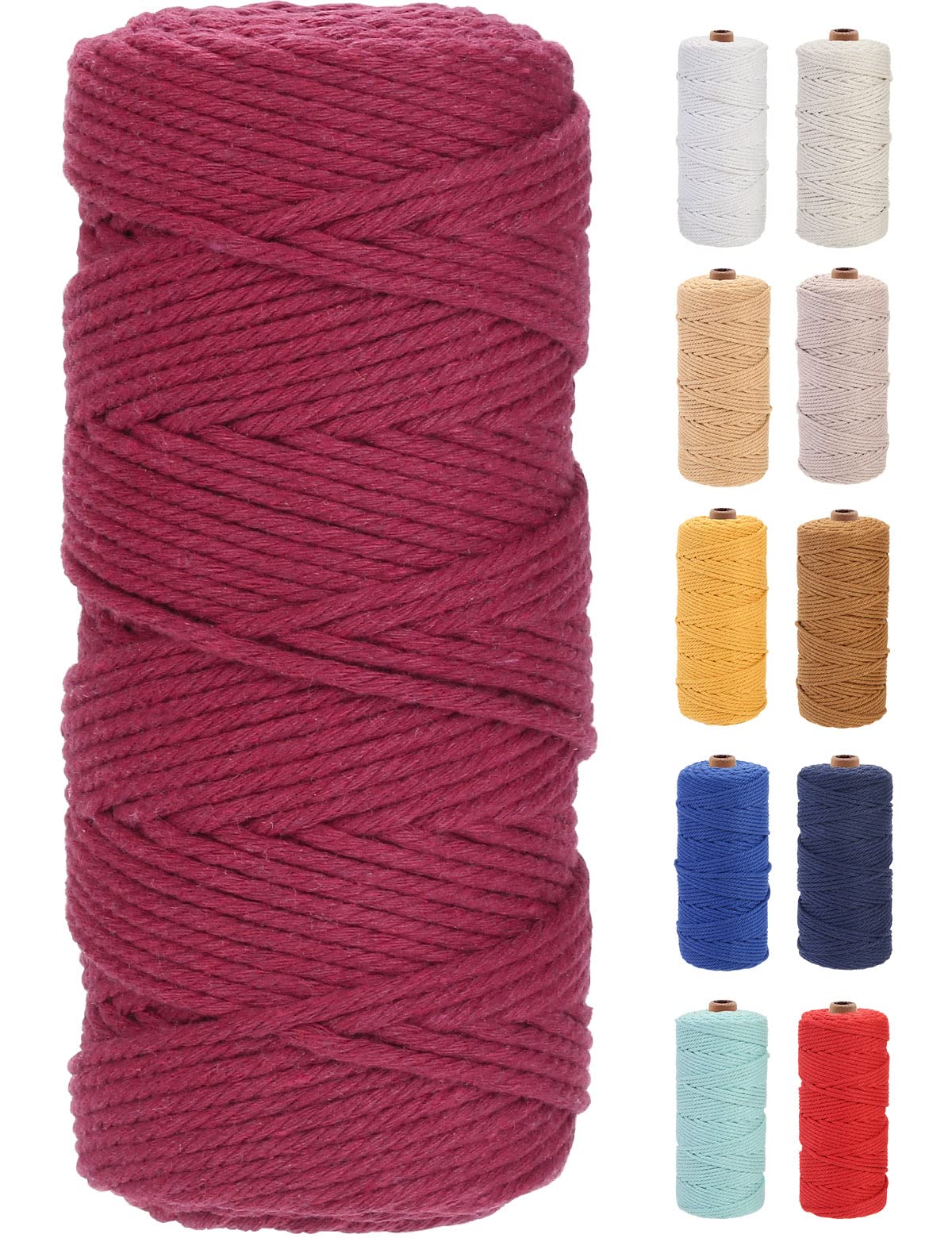 GOHOF Premium Cotton Macrame Rope, 3mm x 100m, 4 Strand Twisted, Wine Red