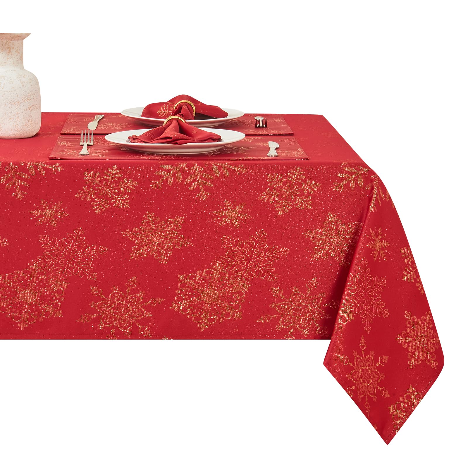 HomeJoy Rectangle Fancy Metallic Sparkling Snowflake Christmas Fabric Table Cloth red Hunter Gold Navy White Silver No-Iron Soil Resistant Woven Holiday Table Cover(Red Gold/60x144Inch) Image