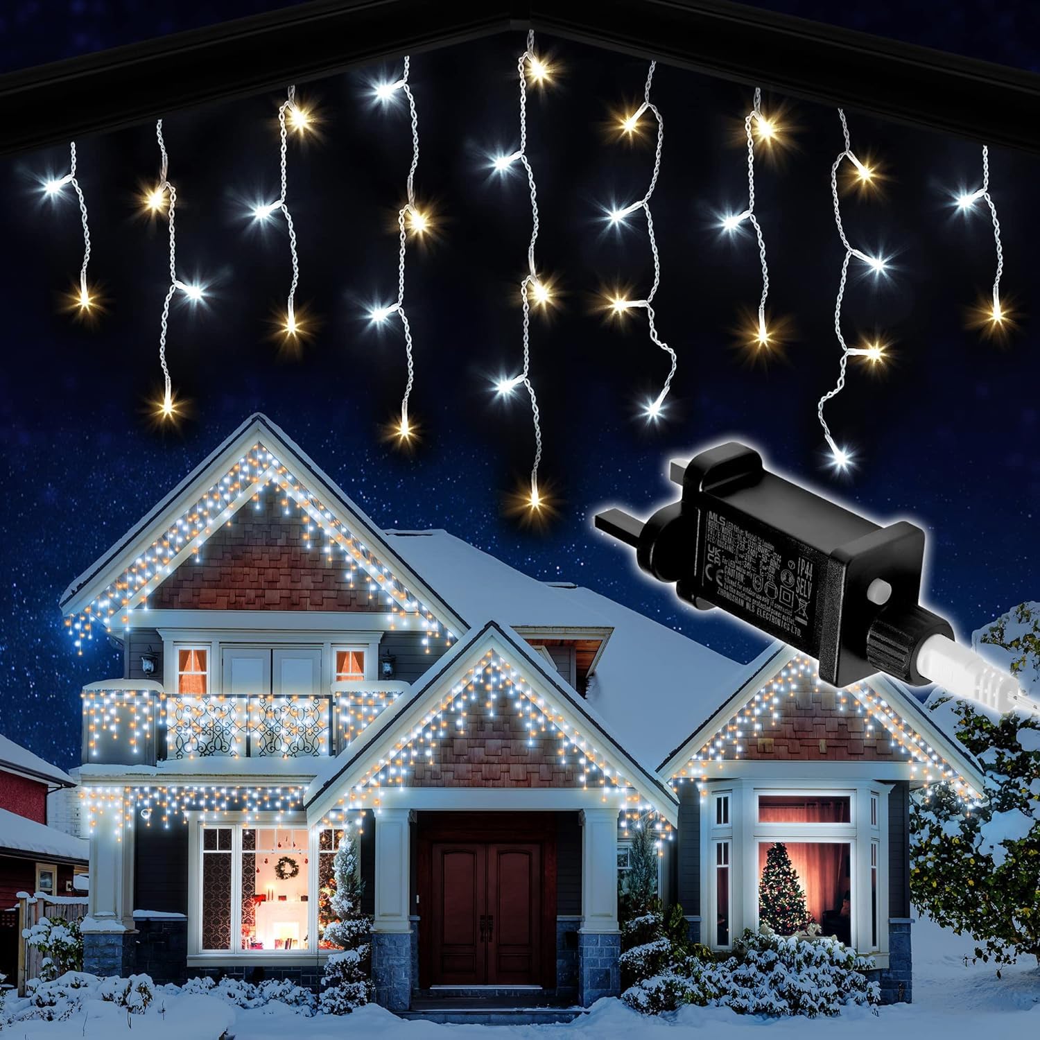 SHATCHI 240LEDs Waterfall Icicle Christmas Lights Warm and Cool White - Multifunction 8 Modes, Timer Clear Cable Indoor/Outdoor Low Voltage Waterproof Curtain Light Christmas Decoration — image 1