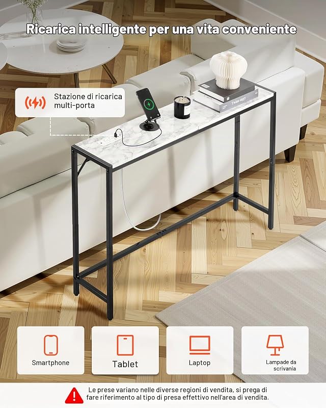 Tavolo Consolle in Marmo 110 x 23,9 x 74,2 cm Tavolino da Corridoio Ingresso Stretto e Lungo con Presa di Corrente, con Tubi in Ferro e Supporto Triangolare per Soggiorno, Corridoio, Ingresso
