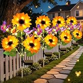 KOOPER 4 Pack Solar Garden Lights Outdoor with 12 Sunflowers&amp;16 Butterflies | Decorative Solar Flowers Outdoor Waterproof for Yard Lawn Flower Bed and Garden Decor, Sunflower Gift for Women, Mom, Grandma