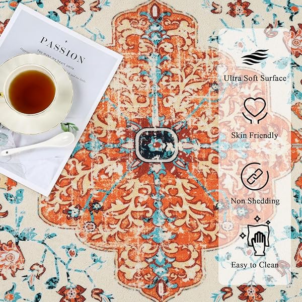 U’ARTLINES BOHO VINTAGE AREA RUG 5X7 MACHINE WASHABLE LOW PILE SOFT FLOOR CARPET NON SLIP NON SHEDDING ACCENT RUG FOR LIVING ROOM BEDROOM ENTRYWAY DINING ROOM OFFICE ORANGE/MULTI
