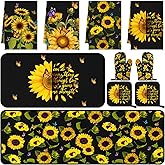 Fourluoo 10 Pcs Sunflower Kitchen Decor Sunflower Oven Mitts and Pot Holders Set Black Dish Towels Summer Rugs Mats Farmhouse Kitchen Accessories for Chef Baking Cooking Grilling BBQ Women Home Gift