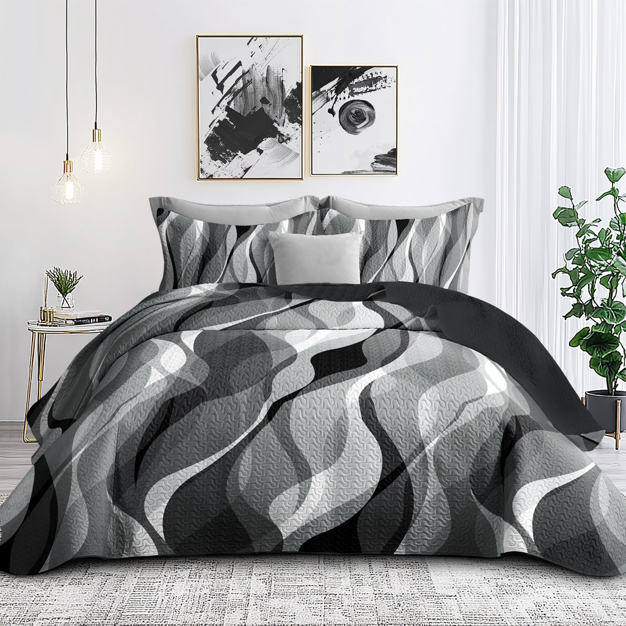Photo 1 of Classic Line Pattern Bedding Quilt Queen Size Modern Grey Black and White Stripe Quilt with 2 Shams, Gray and White Comforter Sets Lightweight Breathable Bedspreads Coverlet, 90''x96''