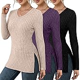 Velvelhall 3 Pack Women's Sweaters V Neck Slim Fit Long Sleeve Sweater Lightweight Knitted Ribbed Tunic Tops with Side Split