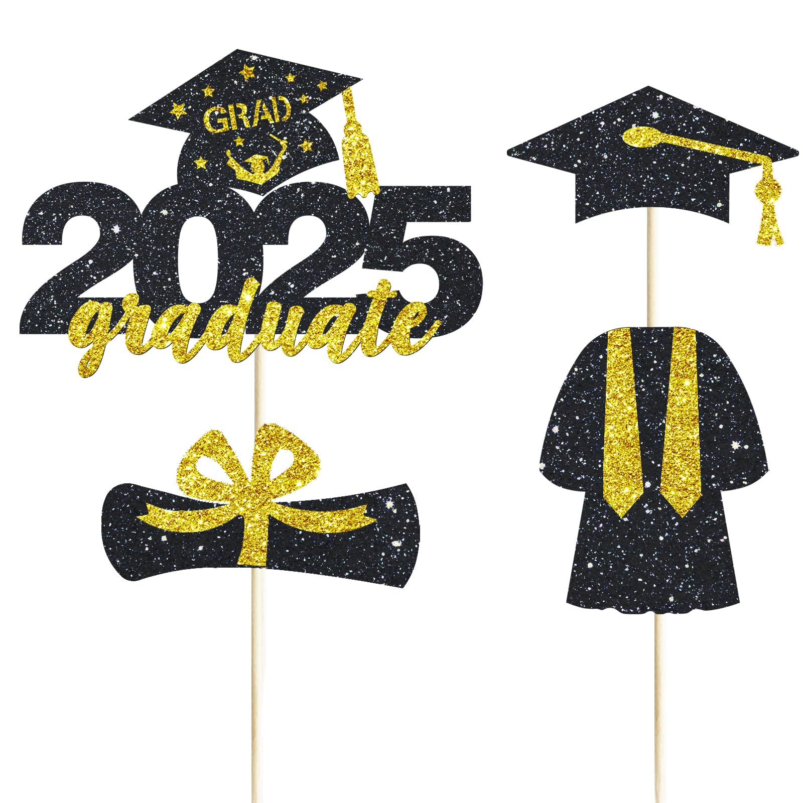 Photo 1 of 4 Pcs 2025 Graduate Cake Topper Black Glitter Congrats Grad Cake Topper Class of 2025 Cake Decor for 2025 Senior High School/College/University Happy 2025 Graduation Party Supplies Decorations