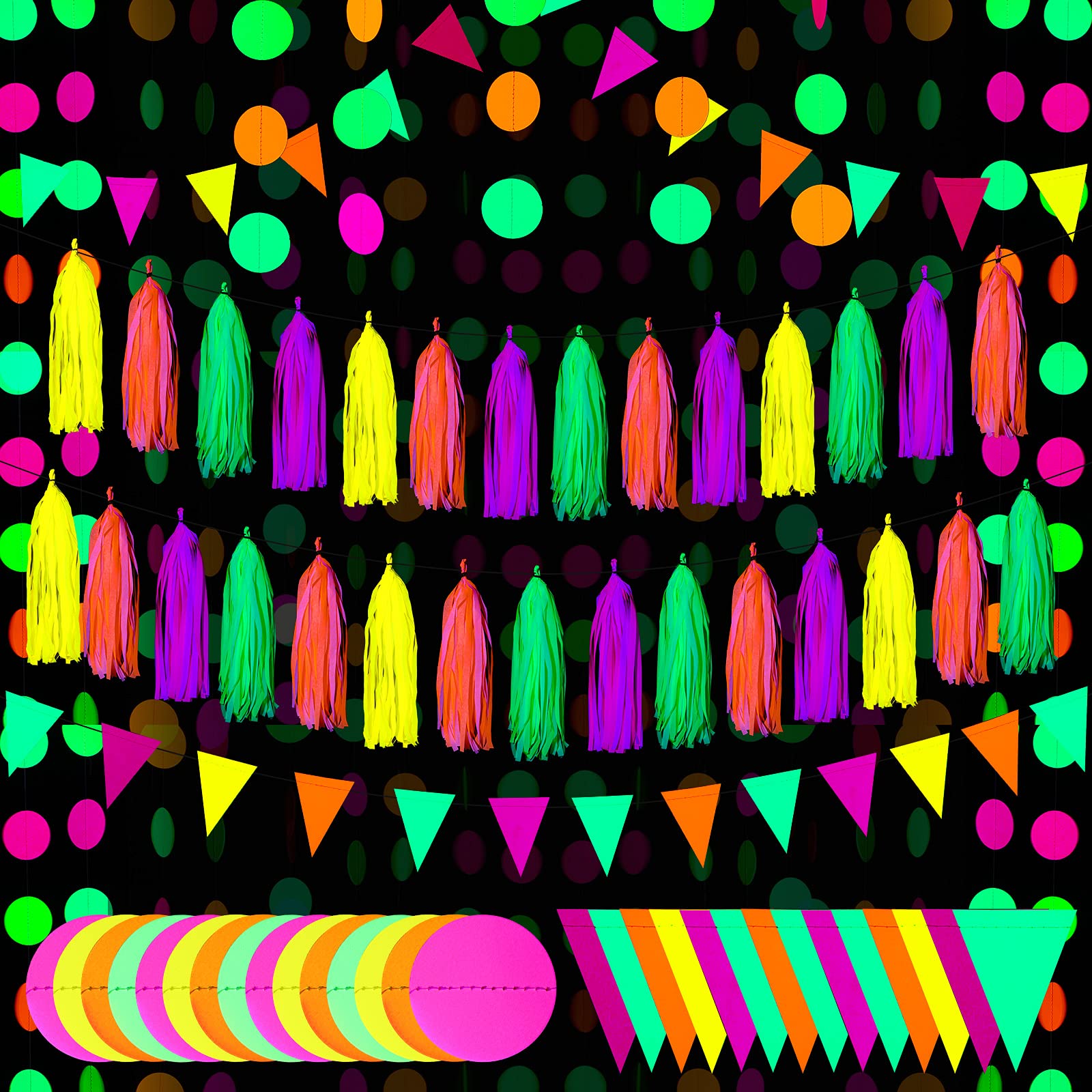 Photo 1 of 88 Pcs Glow Neon Party Supplies Including Neon Paper Garland 20 Pieces Paper Tassels Garland and Triangle Flags Bunting for Birthday Wedding Black Light Reactive UV Glow Party Decorations
