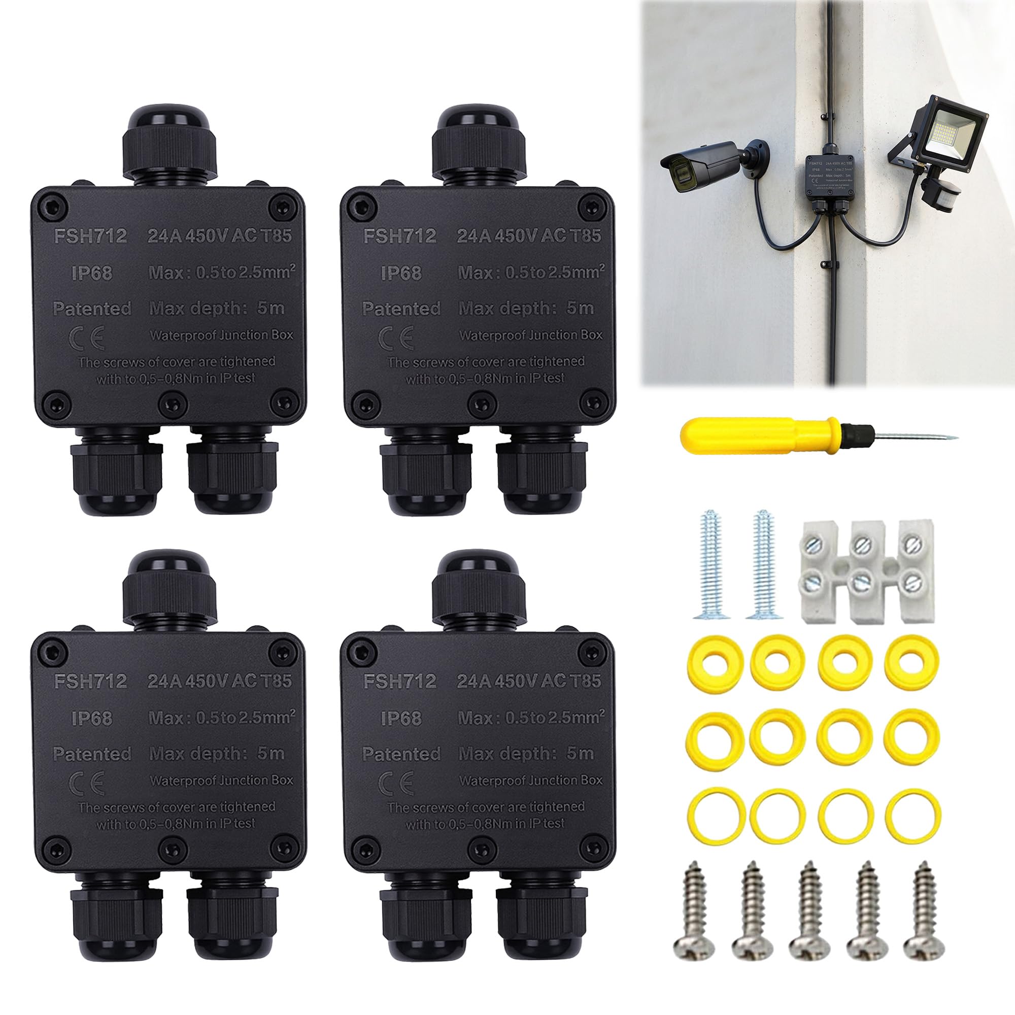 4 Piece Junction Box Waterproof IP68: 3-Way Underground Cable Connector Waterproof Junction Box Outdoor for Cables with 5 mm - 15 mm Diameter