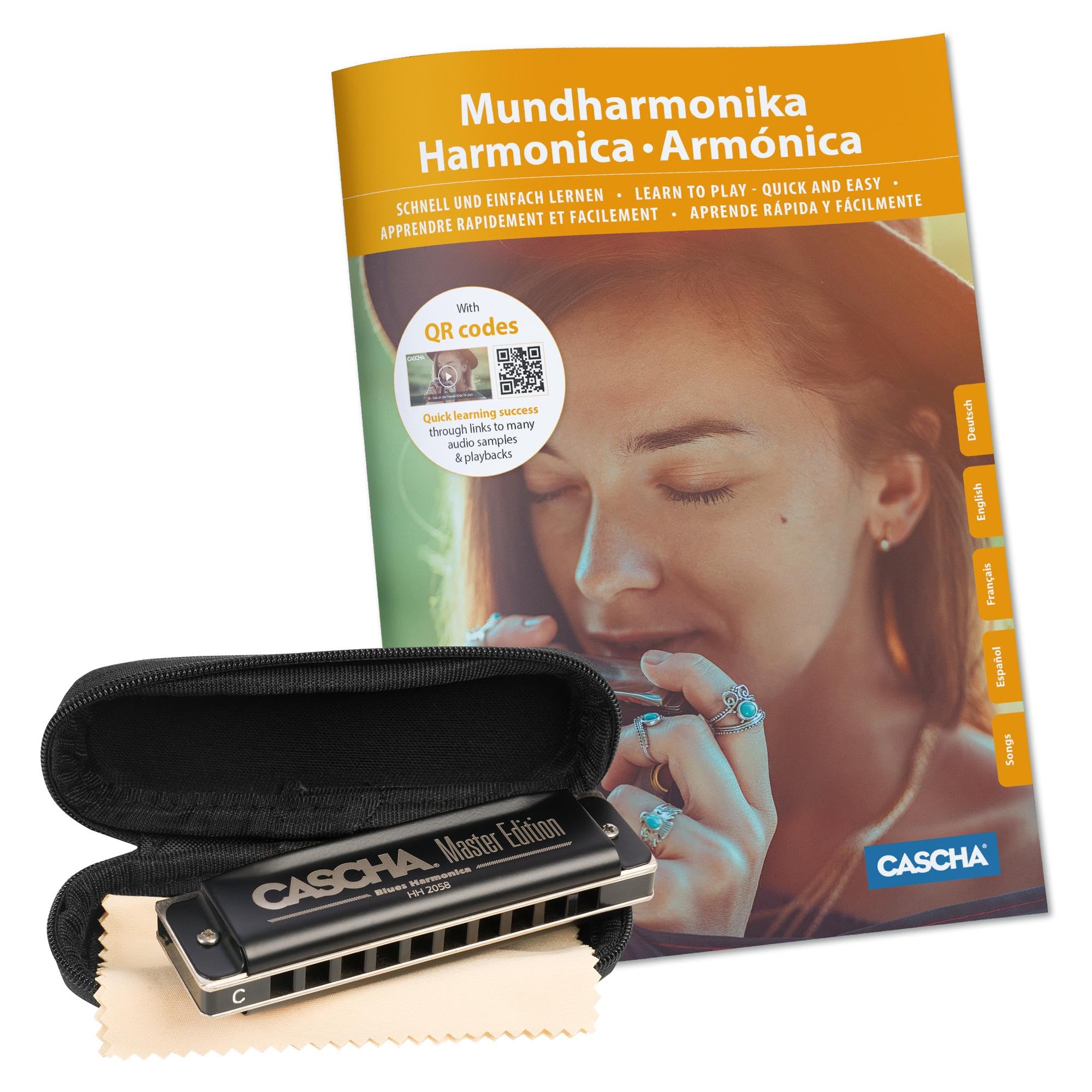 CASCHA HH 2058 Master Edition Blues Harmonica High-Quality Harmonica in C Major with Soft Case and Cleaning Cloth Set with text book Black