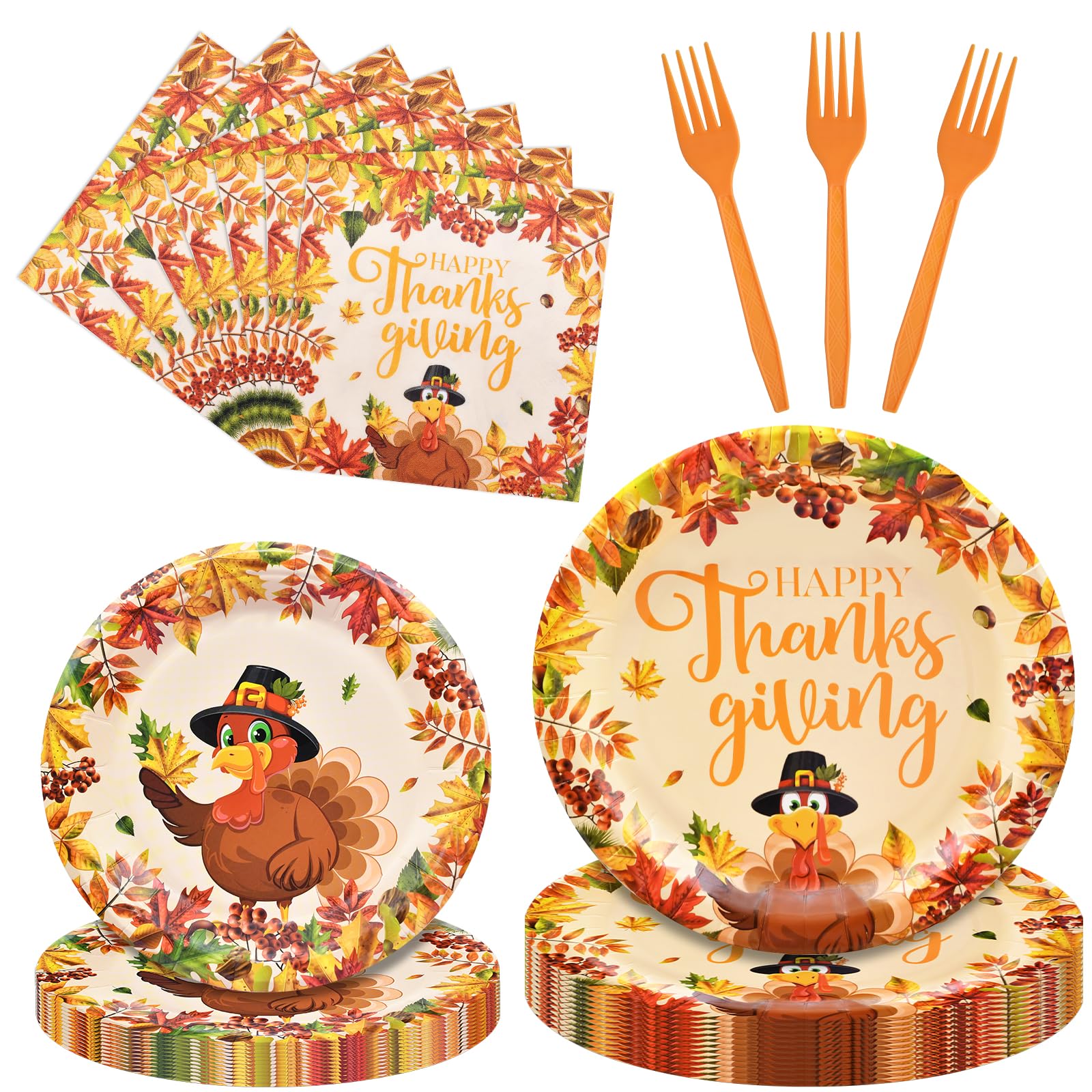Photo 1 of 100 Pcs Thanksgiving Turkey Tableware Party Supplies – Disposable Fall Dinnerware Set with Paper Plates, Napkins, and Forks for Autumn Celebrations, Friendsgiving, and Thanksgiving Dinner – Serves 25