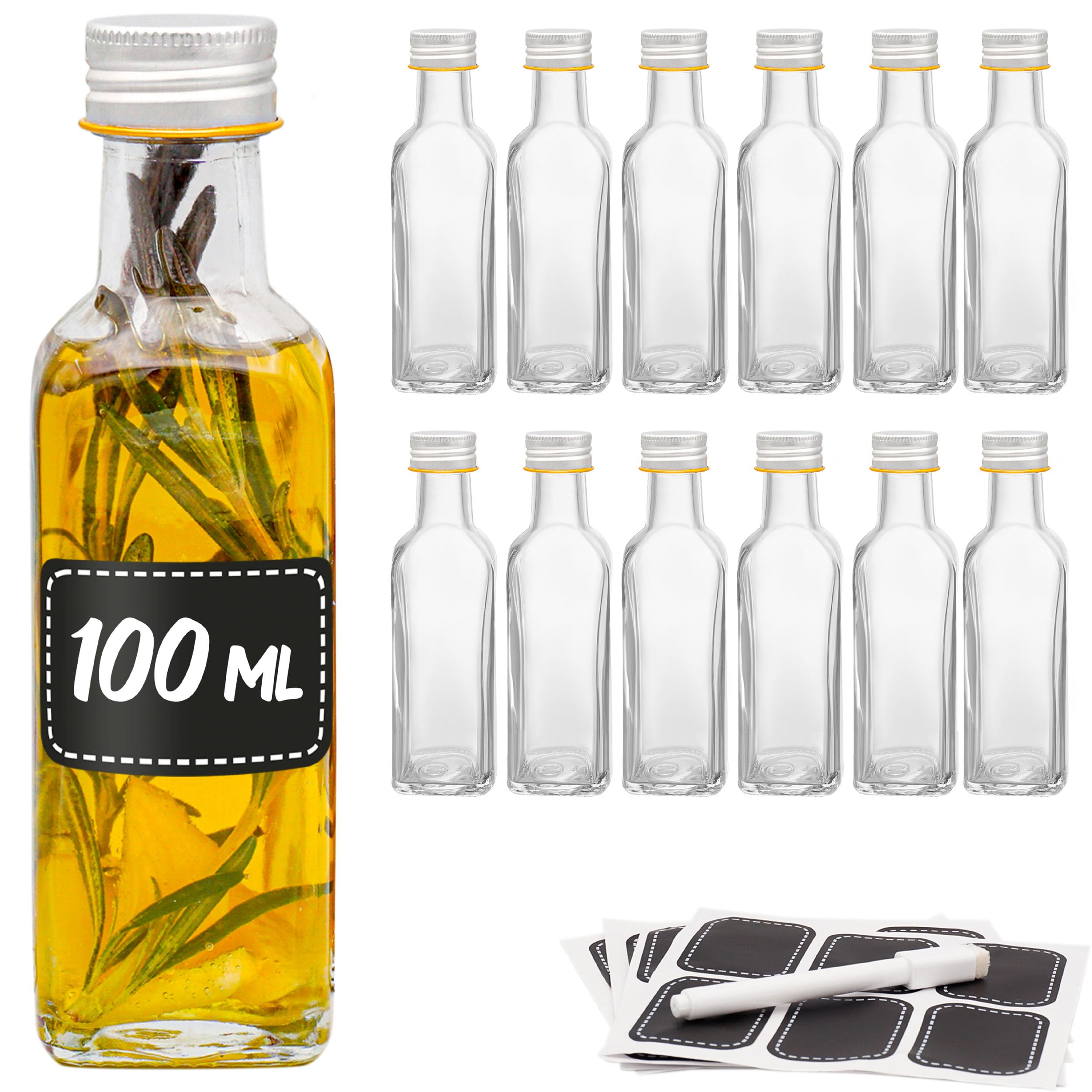 12 Square Glass Bottles, 100 ml - Screw Caps - 12 Labels and Pen - Empty Bottles