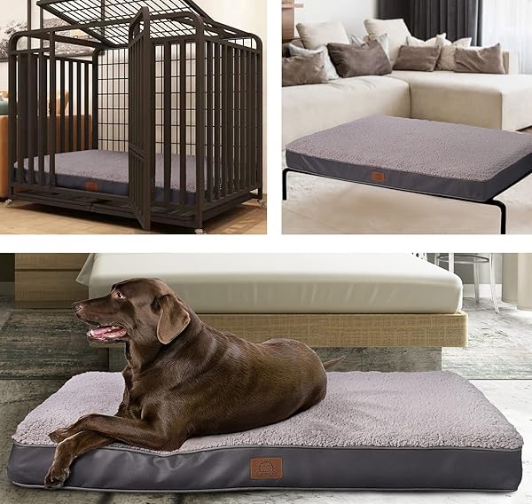 SUNHEIR ORTHOPEDIC DOG BED FOR LARGE DOGS AND EXTRA LARGE DOGS, XL WATERPROOF DOG BED WITH REMOVABLE WASHABLE COVER & ANTI-SLIP BOTTOM, CRATE BED, DELUXE PLUSH PET BED MAT, L-PLUS(36″X27″X3″), GREY