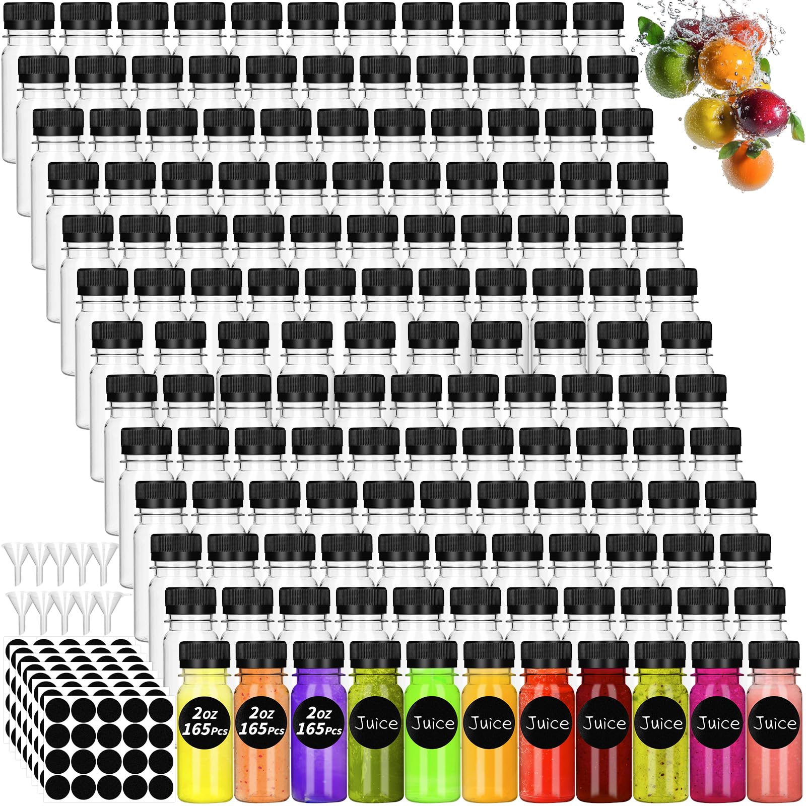 Photo 1 of UZLU 165 Pcs 2 oz Small Plastic Juice Bottles with Black Caps Mini Clear Ginger Shot Containers with Tamper Proof Lids Reusable Travel Bottles with Funnels Labels for Juice Milk Water Other Beverages
