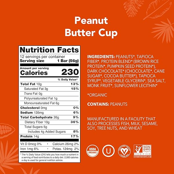 ALOHA ORGANIC PLANT BASED PROTEIN BARS – PEANUT BUTTER CUP BAR – 12 BARS, VEGAN, LOW SUGAR, GLUTEN-FREE, LOW CARB, NON-GMO, NO STEVIA, NO ERYTHRITOL