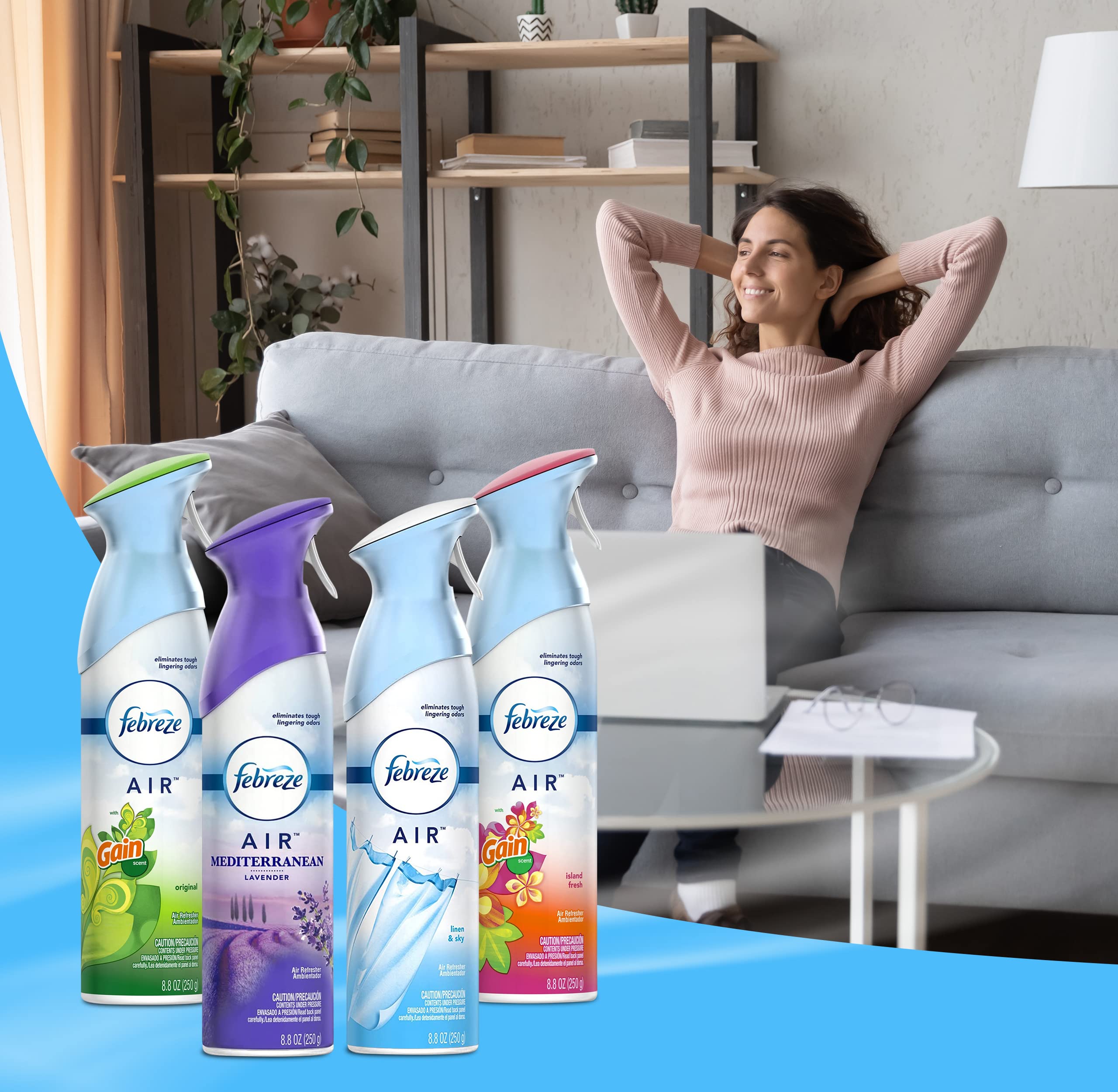 Febreze Air Freshener Odor Eliminator Spray, Assorted Scent Febreze & Bathroom Deodorizer, Original, Island Fresh, Linen Sky & Lavender, 4 Pack