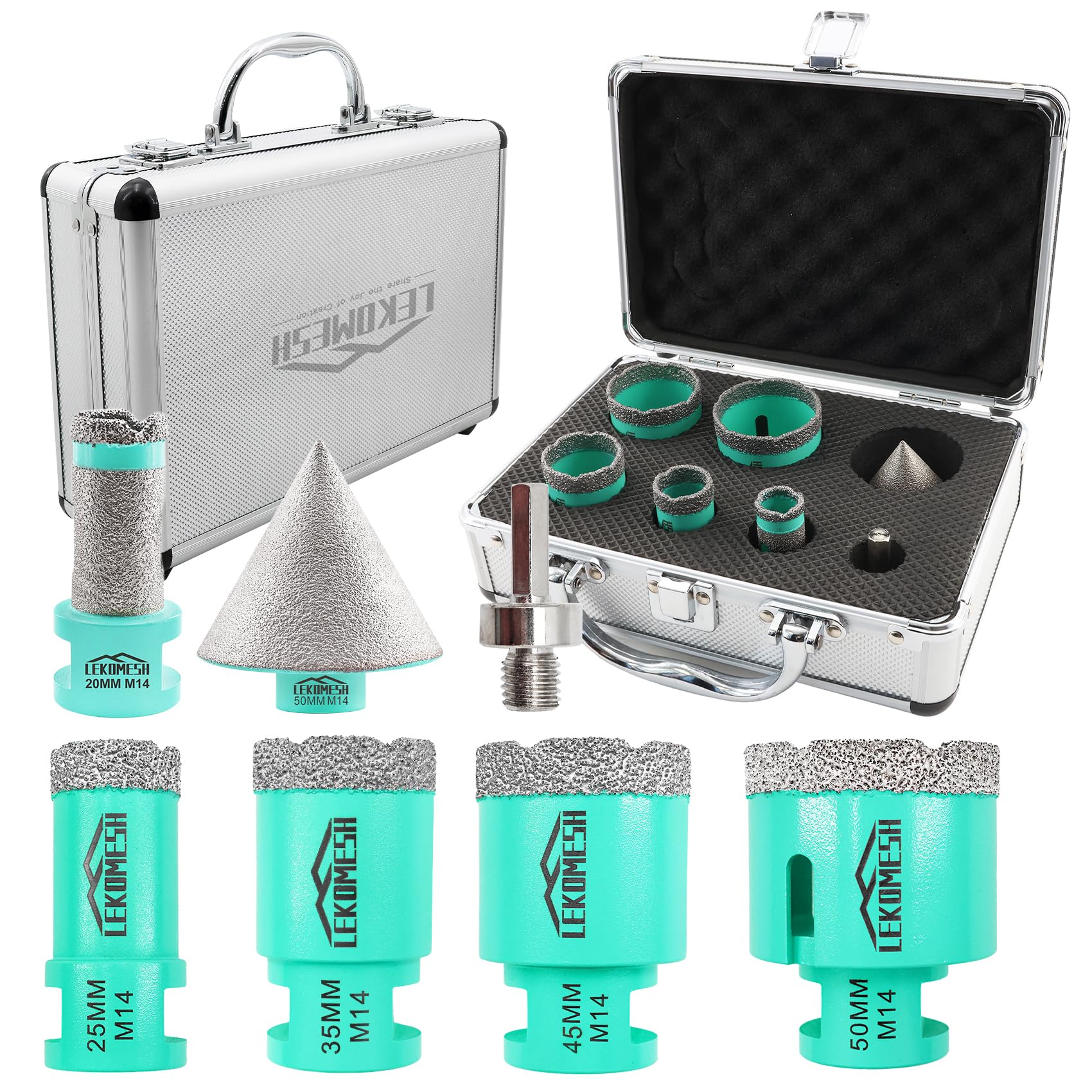 Diamond Core Drill Bits Kit - 7pcs (20MM Drilling Milling bit+25/35/45/50mm+50MM Chamfer Milling Bits+Adapter) LEKOMESH Tile Hole Saw Kit for Porcelain Tile Ceramic Granite Marble, Mint green, Kit 5 — image 1